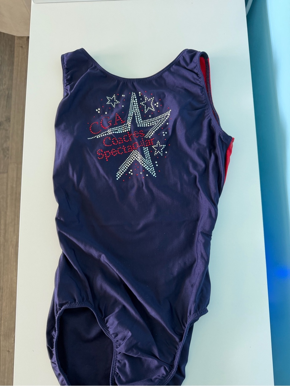 Motionwear Purple Girls' Gymnastics Leotard with Red Lining and Star Rhinestones